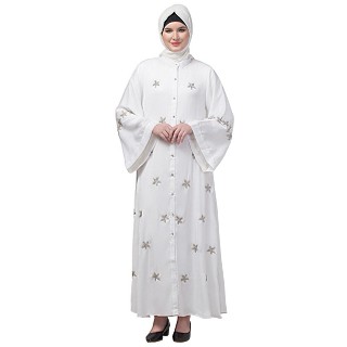 Front open bell sleeves hand made embroidered abaya- White